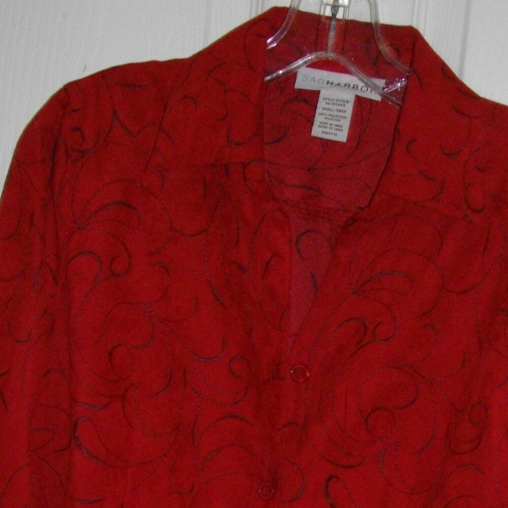 women's Sag Harbor suede-look embroidered shirt, red with black detail. Small.